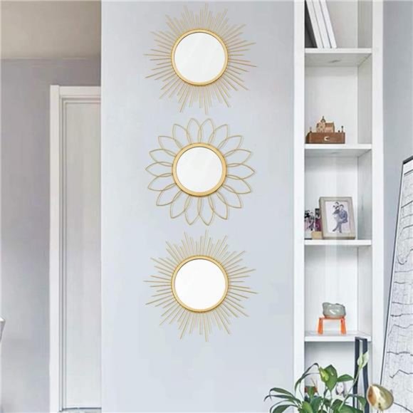 3 Pack Gold Mirrors for Wall Metal Sunburst Wall Mirrors Home Decor Wall Art - Picture 5 of 6